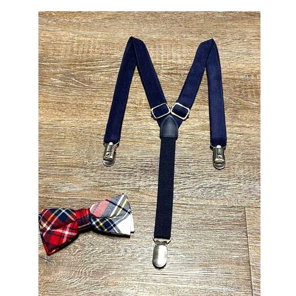 Clip-On BowTie Suspenders Set‎ Plaid Corduroy -Blue-Boys Holiday Christmas - Picture 2 of 6